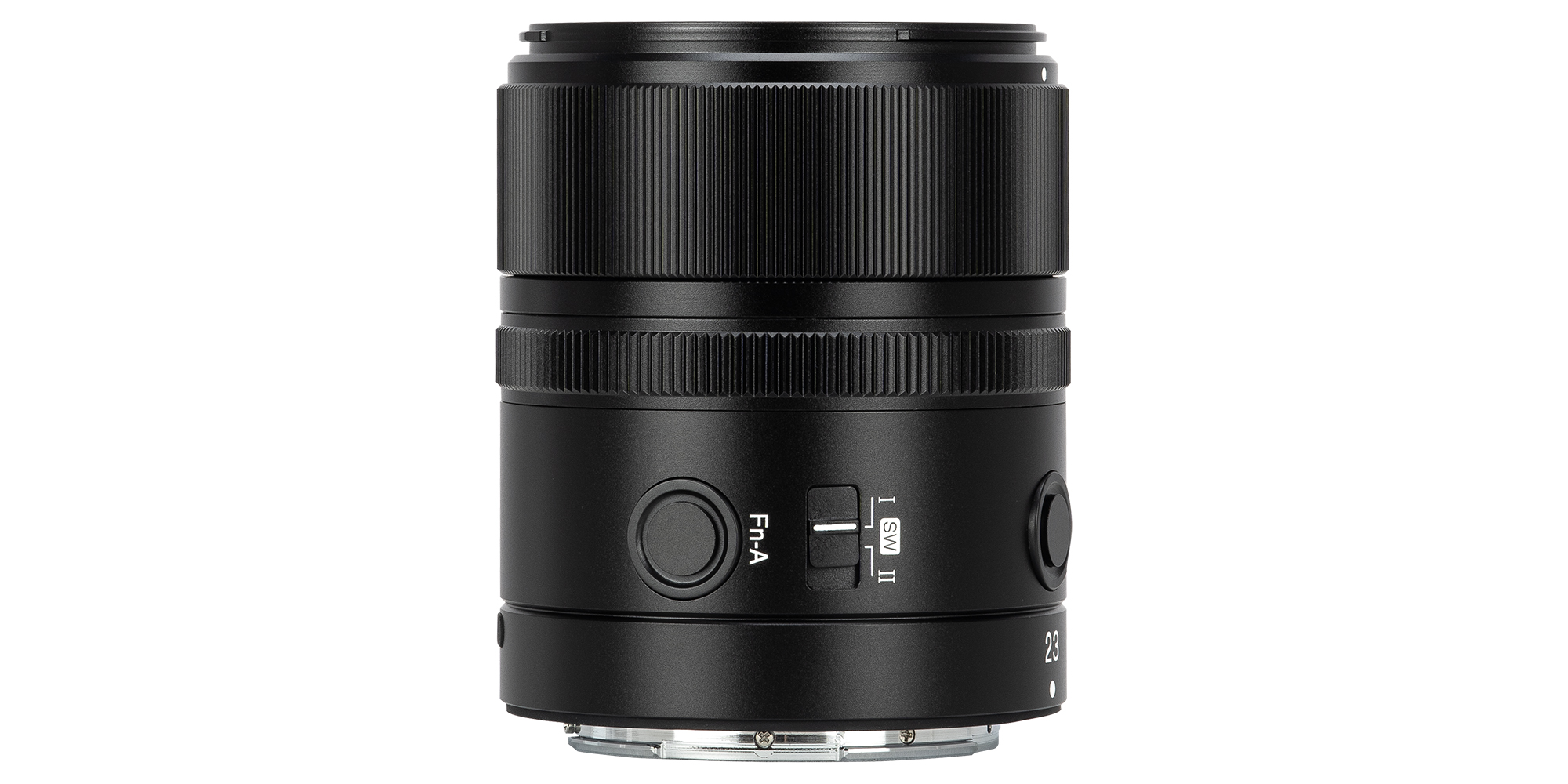 Obiektywu Yongnuo YN 23 mm f_1,4 Z DA DSM WL Pro do Nikon Z na białym tle - widok na bok tubusa obiektywu